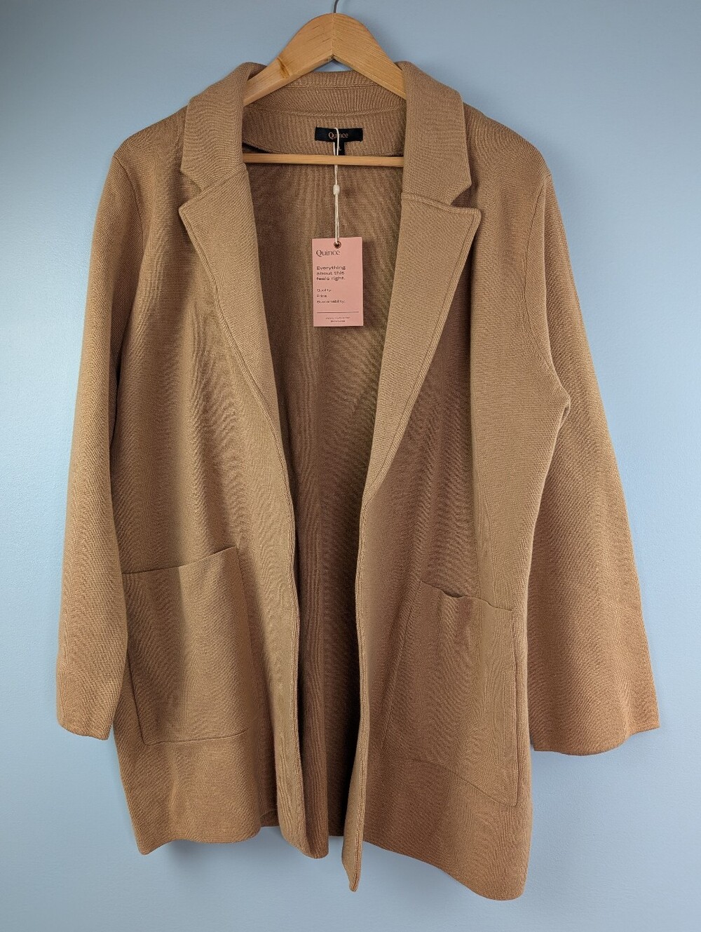 Quince 100% Organic Cotton Knit Blazer Camel Size Large *Read Desc/Minor Flaw